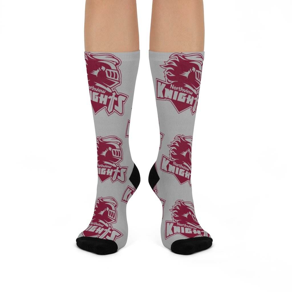 Northview HS Knights - Crew Socks - large knight maroon on gray - EdgyHaute