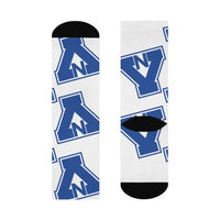 North Vermillion HS Falcons - Crew Socks - large NV blue on white - EdgyHaute