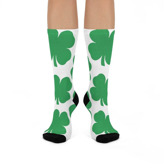 Cloverdale HS Clovers - Crew Socks - large 4-leaf clover on white - EdgyHaute