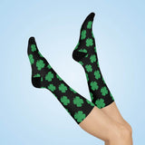 Cloverdale HS Clovers - Crew Socks - 4-leaf clover on black - EdgyHaute