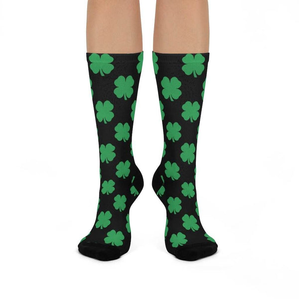 Cloverdale HS Clovers - Crew Socks - 4-leaf clover on black - EdgyHaute