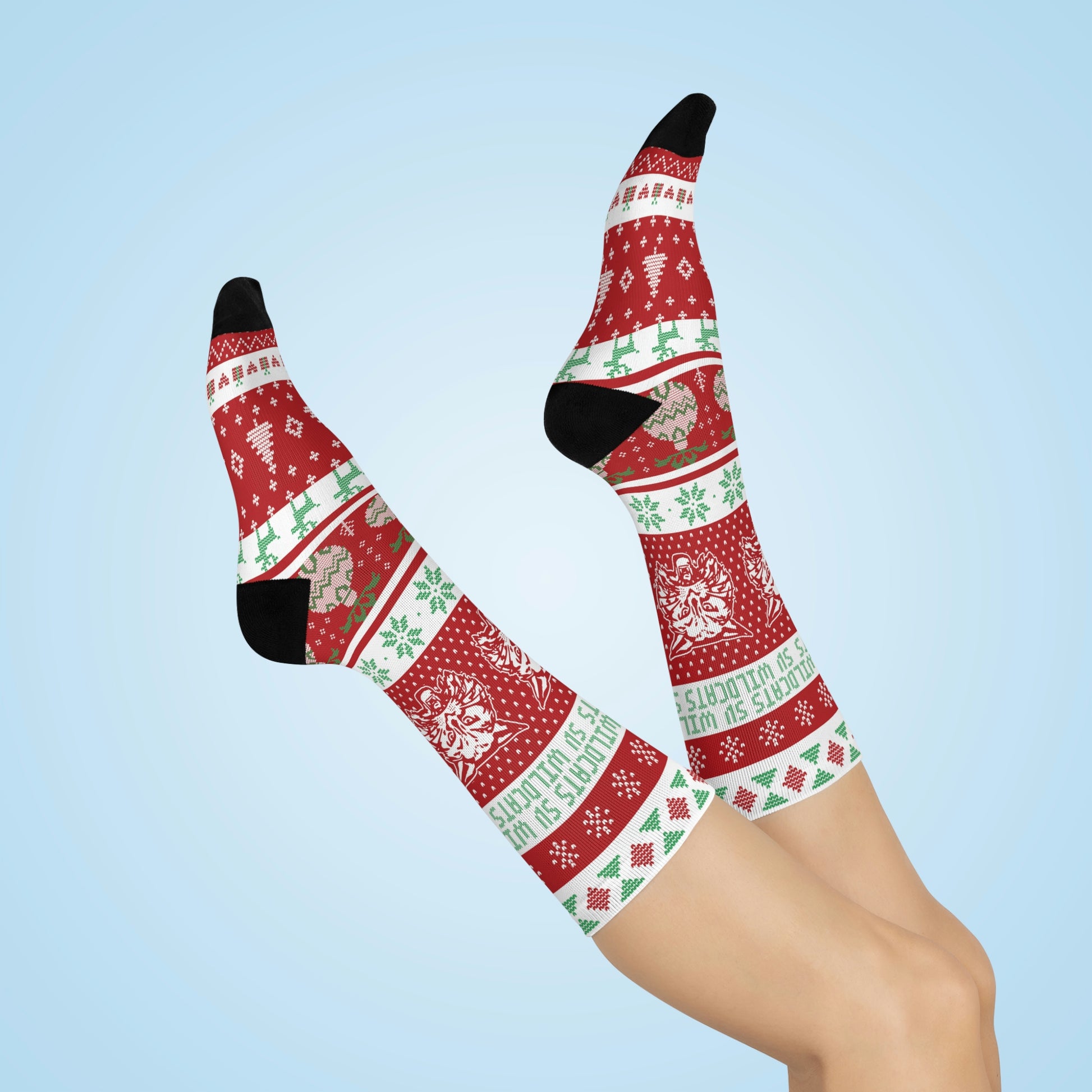 South Vermillion HS Wildcats - Ugly Christmas Sweater themed Crew Socks - red - EdgyHaute