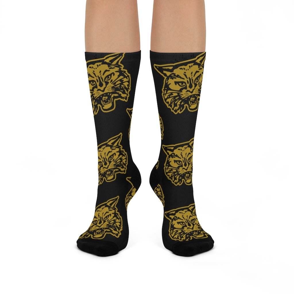 South Vermillion HS Wildcats - Crew Socks - large wildcat gold on black - EdgyHaute