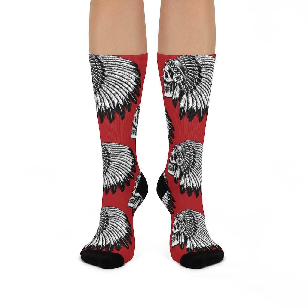 Terre Haute South HS Braves - Crew Socks - headdress white on red - EdgyHaute