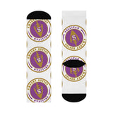 Sullivan HS Golden Arrows - Crew Socks - large arrow purple and gold on white - EdgyHaute