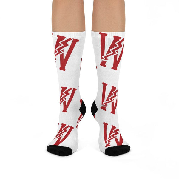 Wiley Red Streaks - Crew Socks - large W red on white - EdgyHaute