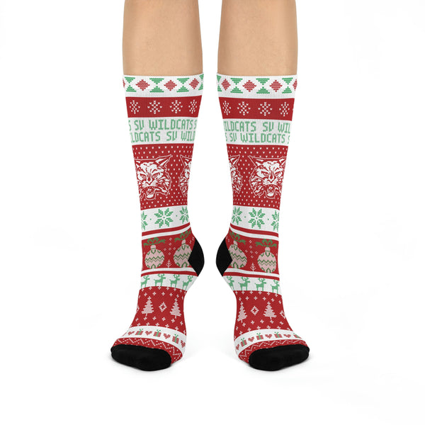 South Vermillion HS Wildcats - Ugly Christmas Sweater themed Crew Socks - red - EdgyHaute