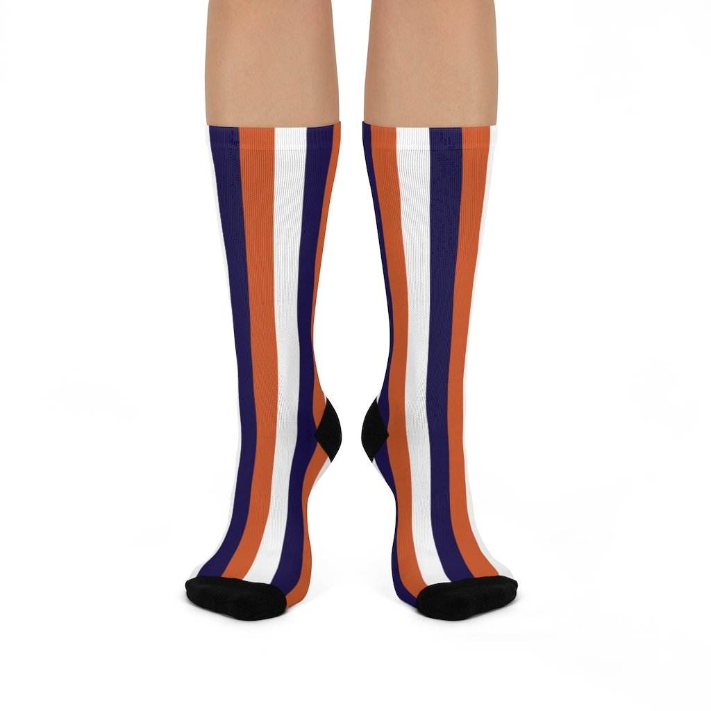 North Putnam HS Cougars - Crew Socks - navy orange and white stripes - EdgyHaute