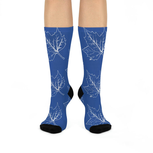 State High School Sycamores (ISU Laboratory School) - Crew Socks - large leaf white on blue - EdgyHaute