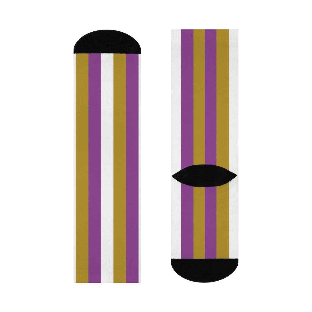 Sullivan HS Golden Arrows - Crew Socks - purple gold and white stripes - EdgyHaute