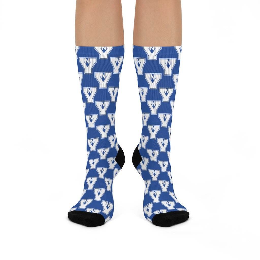 North Vermillion HS Falcons - Crew Socks - white on blue - EdgyHaute