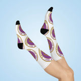 Sullivan HS Golden Arrows - Crew Socks - large arrow purple and gold on white - EdgyHaute