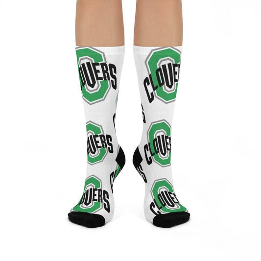 Cloverdale HS Clovers - Crew Socks - large CLOVERS on white - EdgyHaute