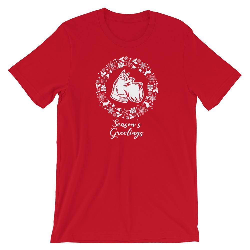 Sarah Scott MS Scotties - Season's Greetings wreath (white)  - Short-Sleeve Unisex T-Shirt - EdgyHaute