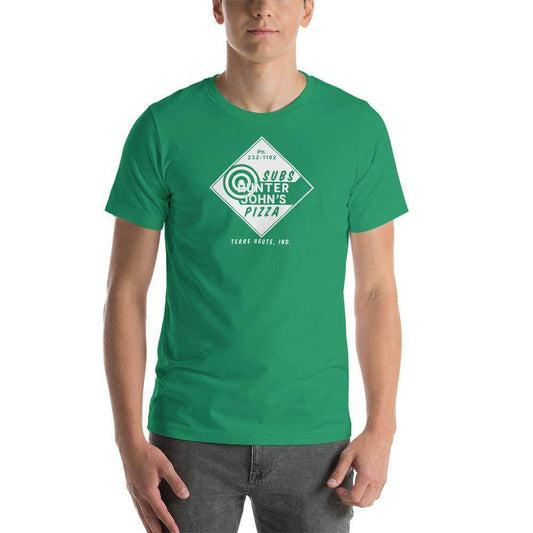 Hunter John's Pizza - sign (white) -  Terre Haute Indiana  -  Short-Sleeve Unisex T-Shirt - EdgyHaute