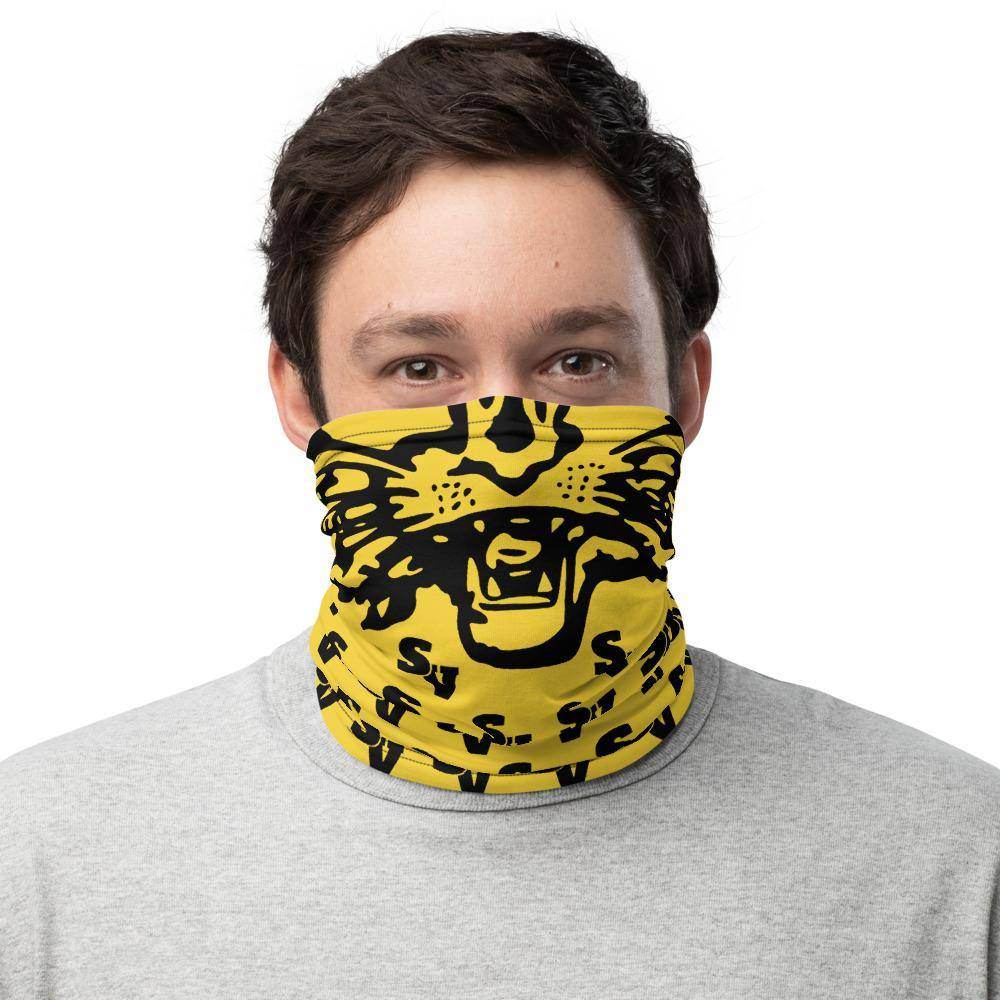 South Vermillion HS Wildcats Neck Gaiter - wildcat face - black on yellow - EdgyHaute