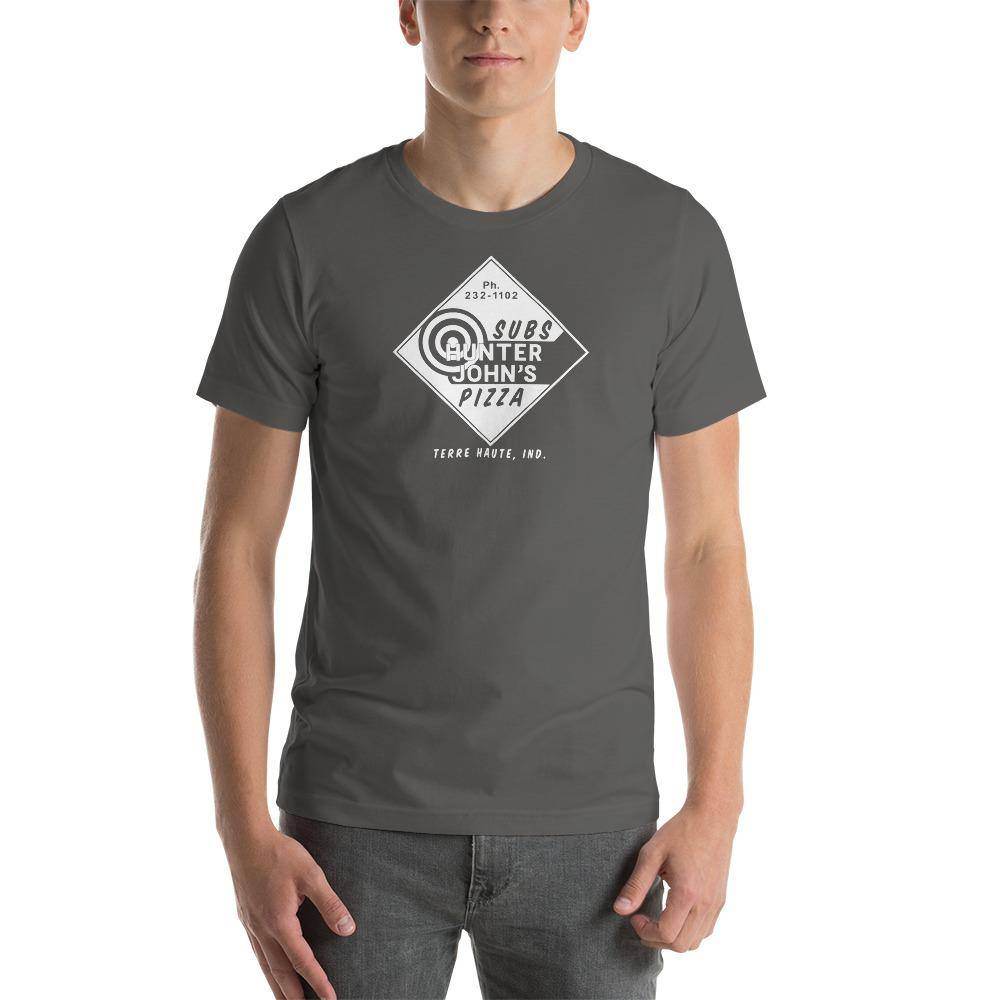 Hunter John's Pizza - sign (white) -  Terre Haute Indiana  -  Short-Sleeve Unisex T-Shirt - EdgyHaute