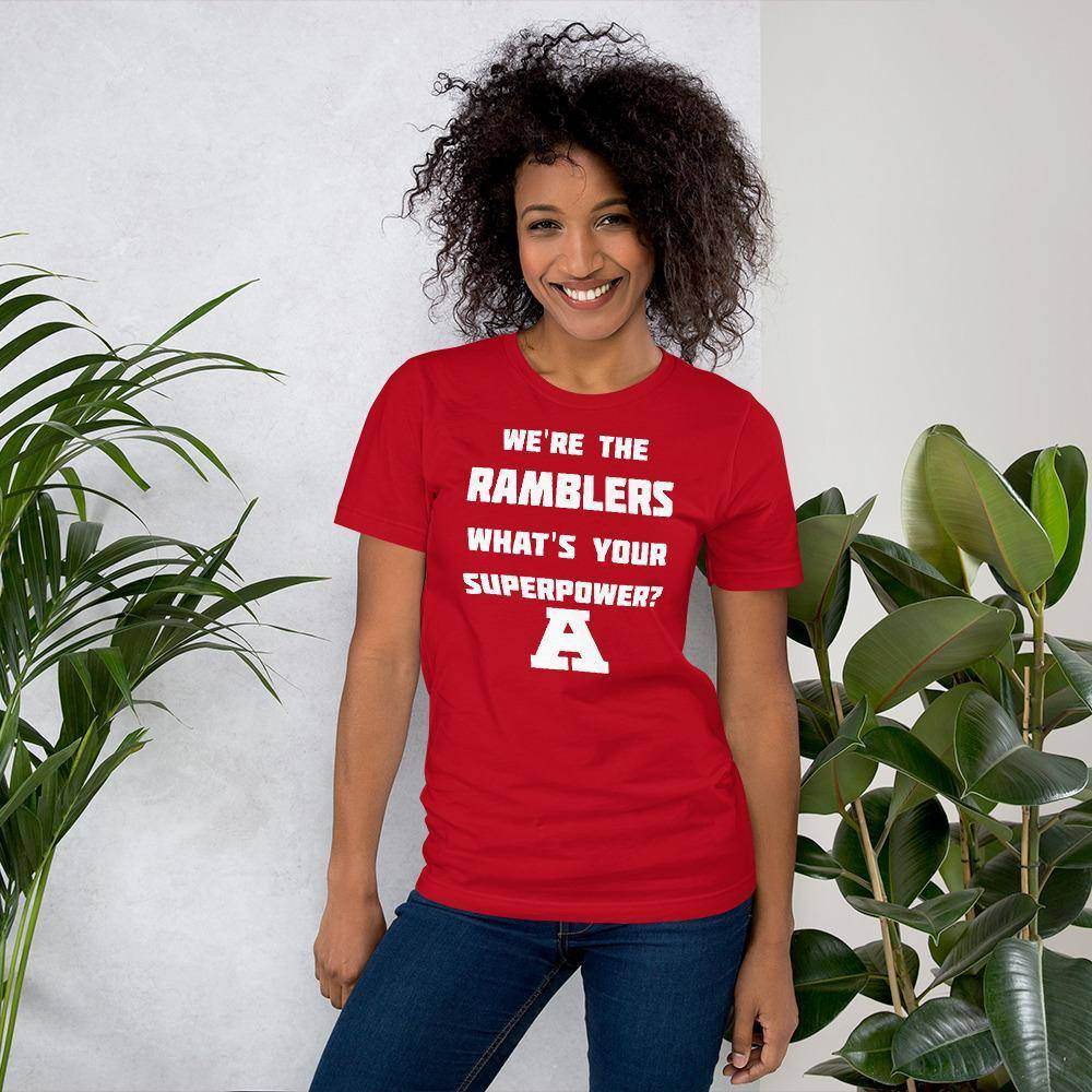 Attica Junior-Senior HS Red Ramblers - Superpower (white)  -  Short-Sleeve Unisex T-Shirt - EdgyHaute