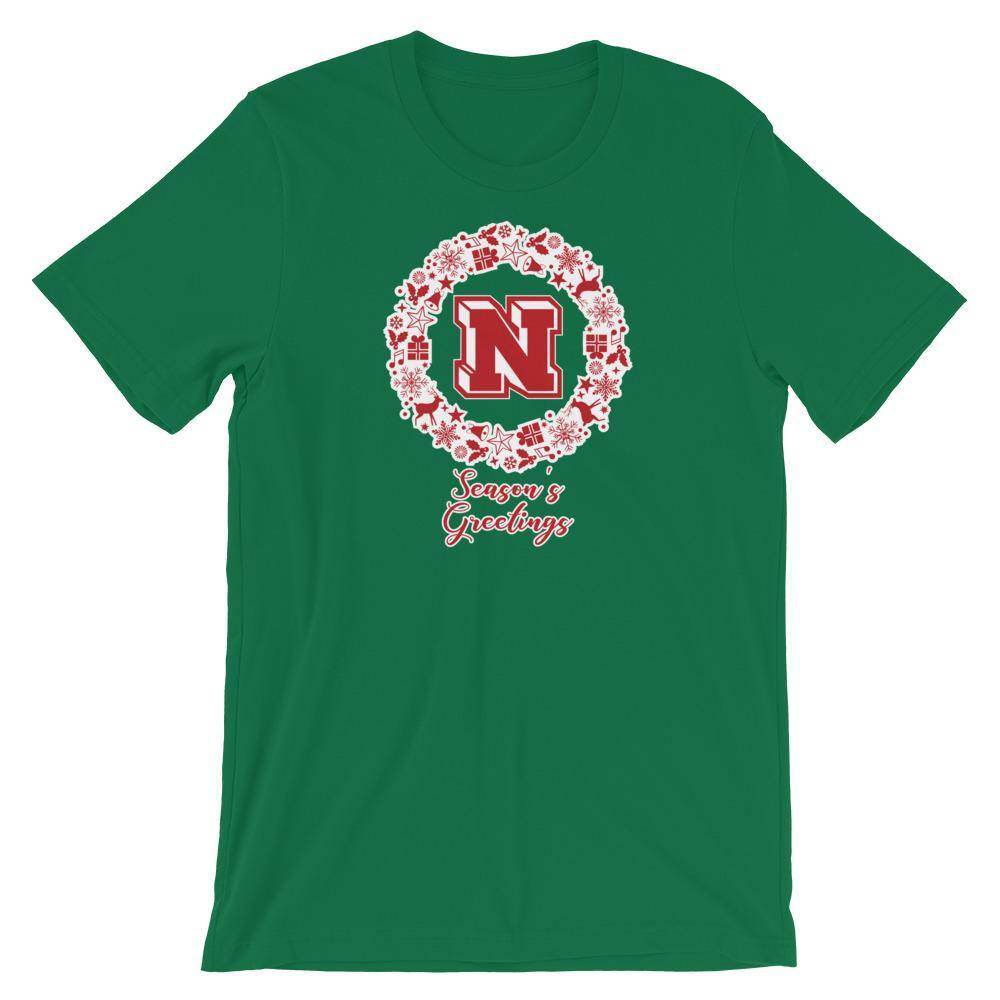 Terre Haute North HS Patriots - Season's Greetings wreath (red/white)  - Short-Sleeve Unisex T-Shirt - EdgyHaute