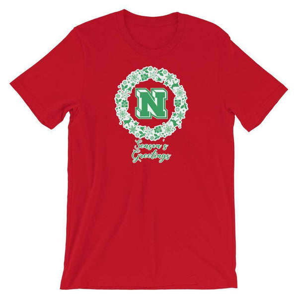 Terre Haute North HS Patriots - Season's Greetings wreath (green/white)  - Short-Sleeve Unisex T-Shirt - EdgyHaute