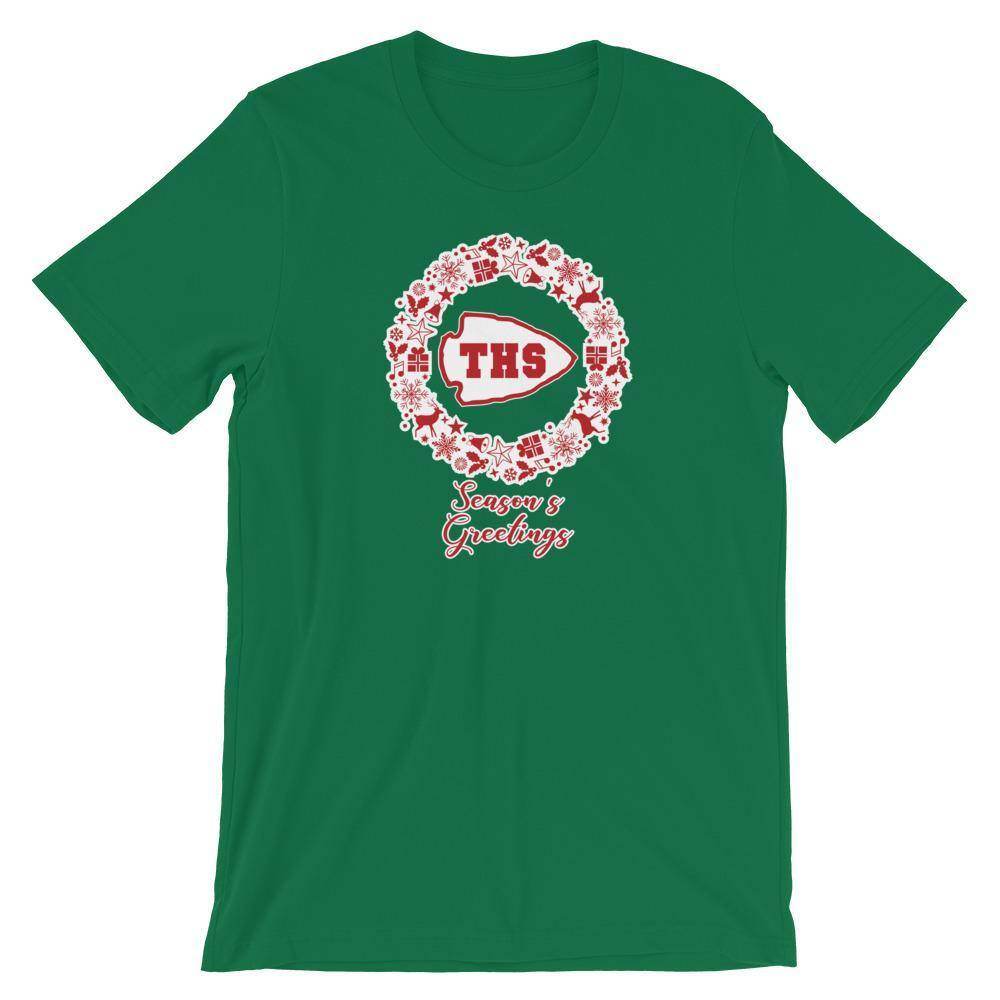 Terre Haute South HS Braves - Season's Greetings wreath (red/white)  -  Short-Sleeve Unisex T-Shirt - EdgyHaute