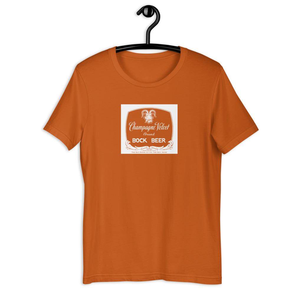 Champagne Velvet Bock Beer (label 1/white) - Terre Haute Indiana  -  Short-Sleeve Unisex T-Shirt - EdgyHaute