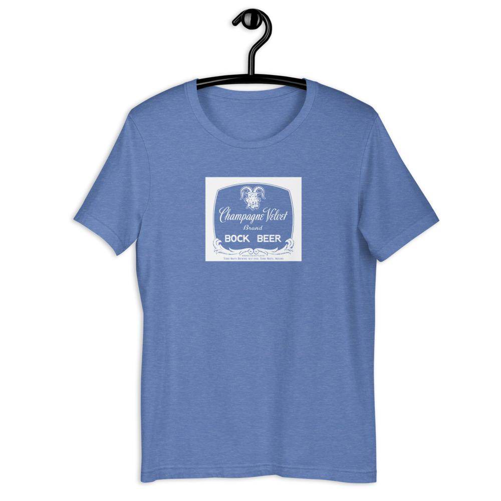 Champagne Velvet Bock Beer (label 1/white) - Terre Haute Indiana  -  Short-Sleeve Unisex T-Shirt - EdgyHaute