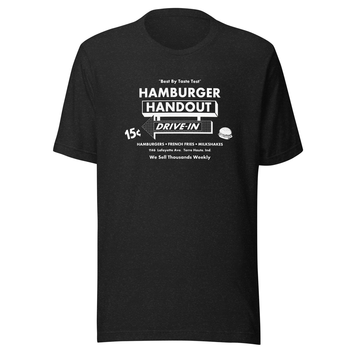 Hamburger Handout Drive-In (white) - Terre Haute Indiana - Short-Sleeve Unisex T-Shirt - EdgyHaute