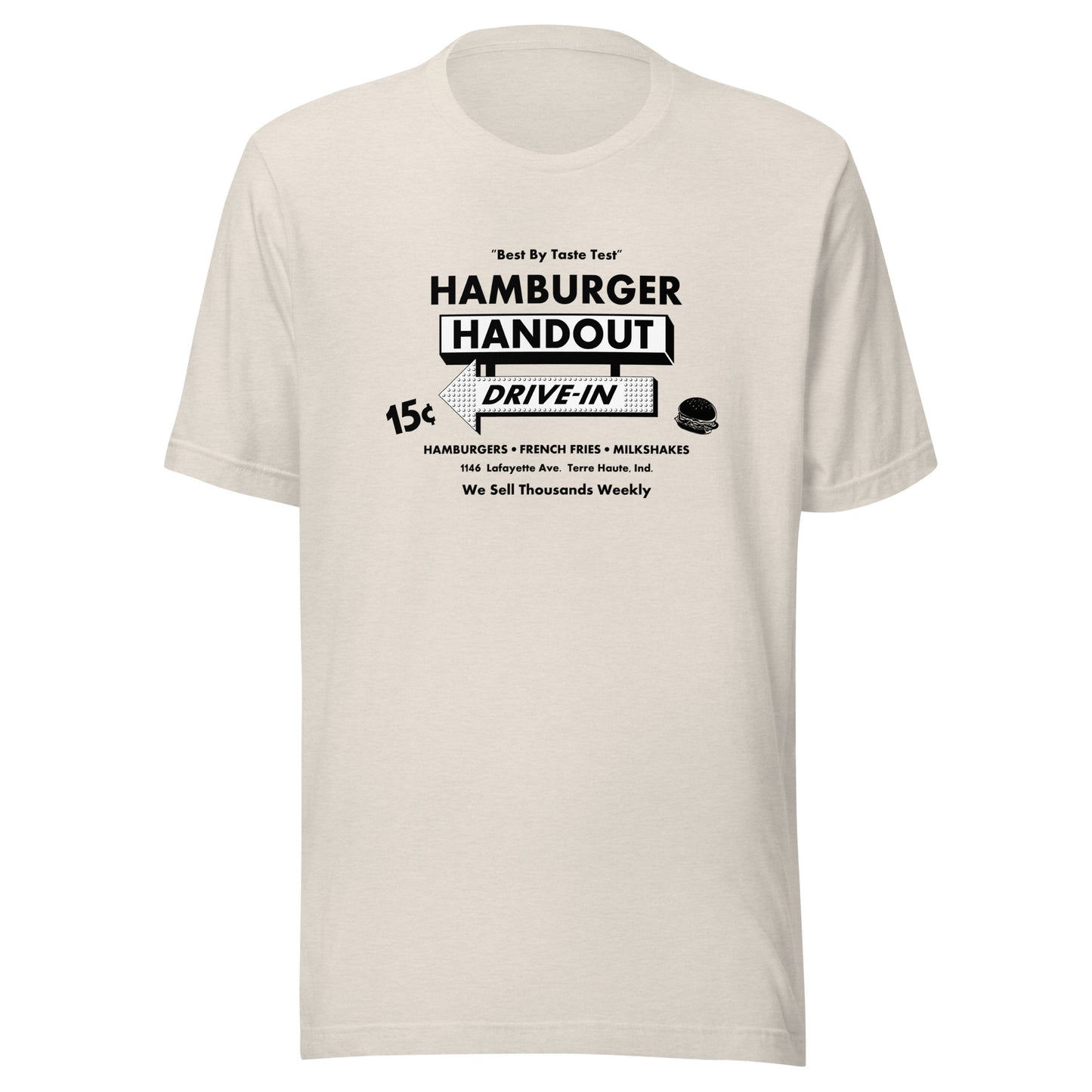 Hamburger Handout Drive-In (black/white) - Terre Haute Indiana - Short-Sleeve Unisex T-Shirt - EdgyHaute