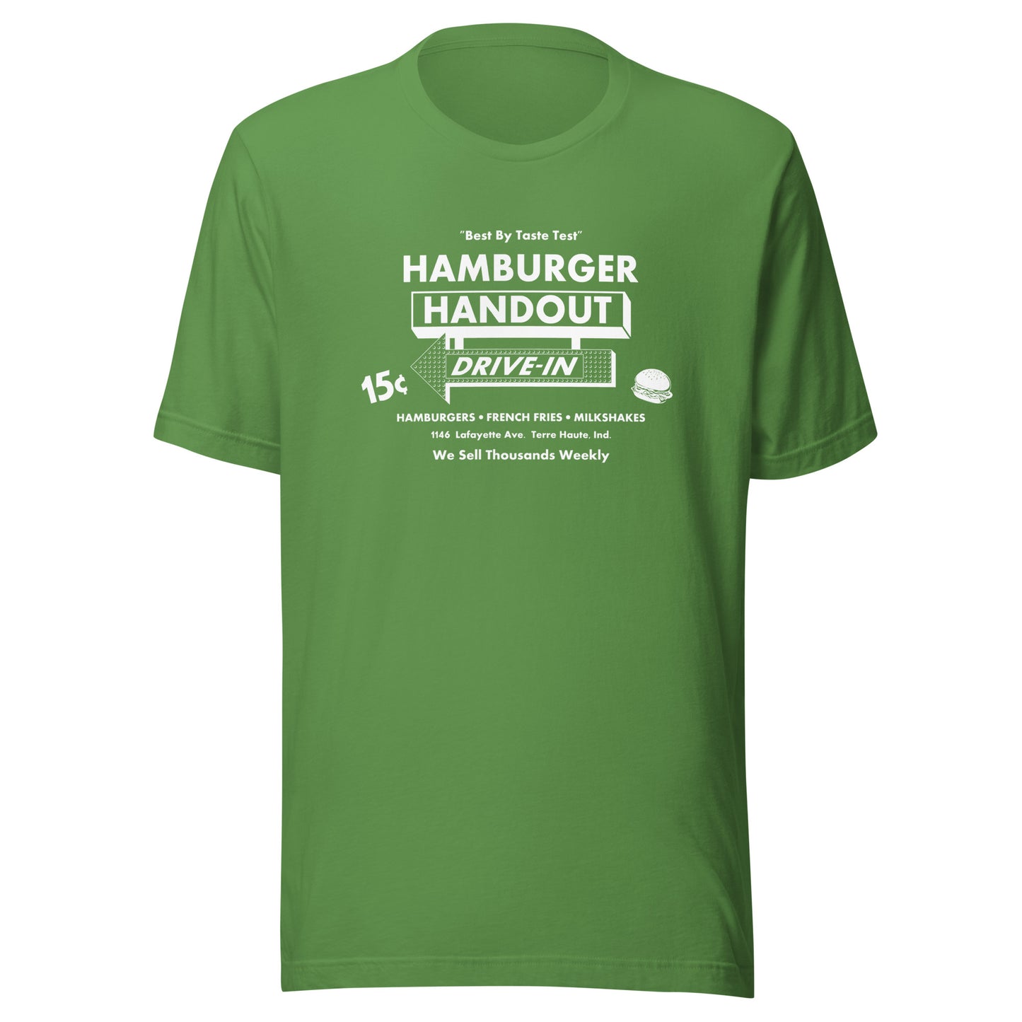 Hamburger Handout Drive-In (white) - Terre Haute Indiana - Short-Sleeve Unisex T-Shirt - EdgyHaute