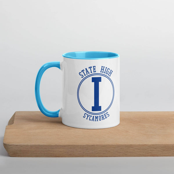 State High Sycamores (ISU Laboratory School) - center court design  -  Coffee mug (white with blue accent) - EdgyHaute