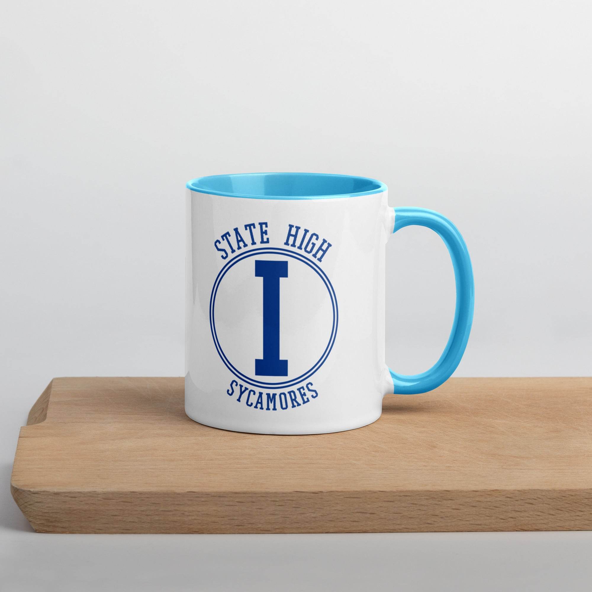 State High Sycamores (ISU Laboratory School) - center court design  -  Coffee mug (white with blue accent) - EdgyHaute